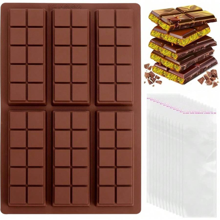 TYZ Silicone Deep Chocolate Bar Mold, Thick Square Mold For Stuffed Knafeh Pistachio Bars, Break Apart Candy Bar Molds With 100Pcs Storage Bags For Baking, DIY Dessert Making - 方形深膽鹼 - 查看 1