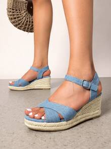 Alpargata con Tiras para Mujer con Puntera Abierta y Correa para el Tobillo, Sandalias de Cuña para Mujer con Plataforma - Azul - Ver 4
