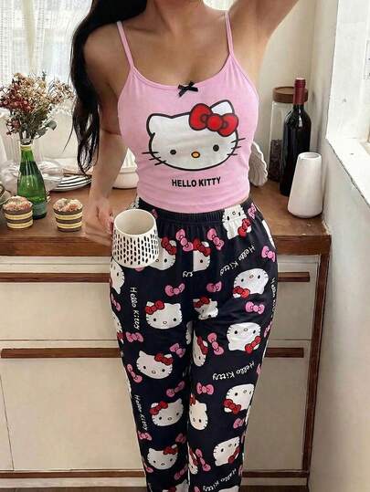 SANRIO 2pcs Women Cute Printed Pajama Set, Camisole & Shorts, Comfortable Home Wear For Spring, Summer, Autumn