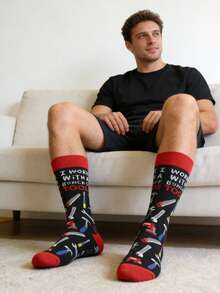 1 双男士黑红撞色工具图案及趣味文字中筒袜，休闲百搭，适合所有季节 - 彩色 - 查看 7