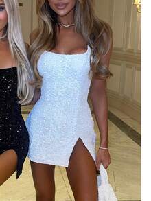 Women's Sequin Sparkly Glitter Short Dress Sexy Slit Sleeveless Backless Party Club Bodycon Mini Dress - 白色 - 查看 2