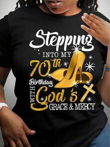 Chic 70th Birthday Celebration T-Shirt For Women - Comfy Blend, Short Sleeve, Crew Neck With Vibrant Letter Print - Perfect For Casual Wear & Special Occasions - Black - View 1