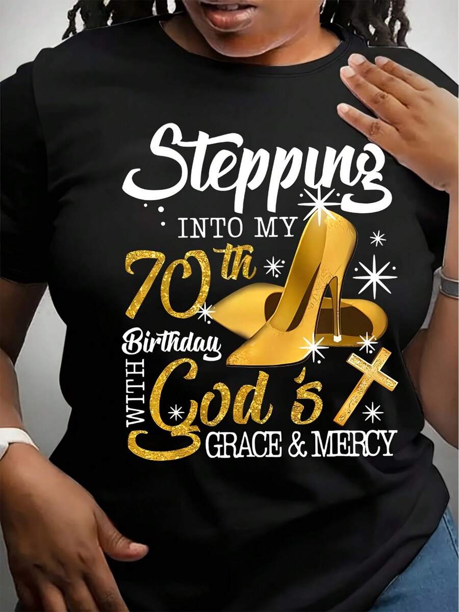 Chic 70th Birthday Celebration T-Shirt For Women - Comfy Blend, Short Sleeve, Crew Neck With Vibrant Letter Print - Perfect For Casual Wear & Special Occasions - Black - View 1