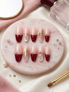 10Pcs Burgundy Gold Butterfly Press On Nails Elegant Design For Party And Daily Use - Multicolor - View 2