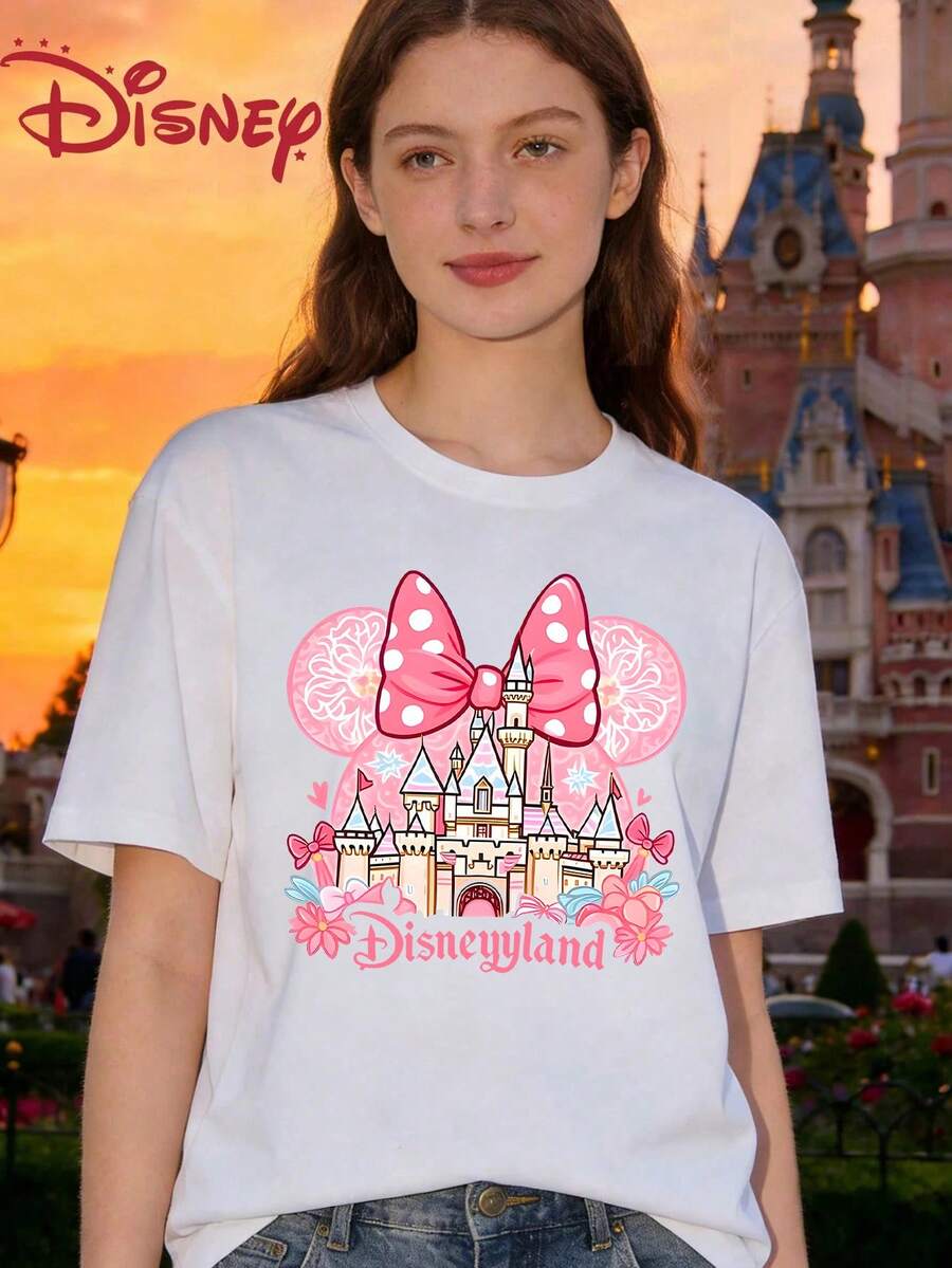Casual Women's White Cotton Short Sleeve Round Neck T-Shirt With Disneyland Castle Graphic Print, Regular Fit Top - White - View 1