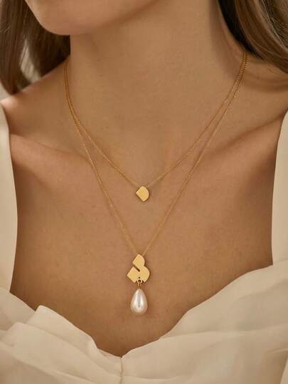 1pc Leaf-Shaped Faux Pearl Geometric Double-Layer Necklace, Elegant Retro Style Choker Necklace For Women, Music Festival/Birthday/Valentine's Day Gift, Eid Al-Adha