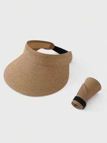 可调节空顶草帽，新款夏季时尚男女通用防紫外线可折叠宽檐遮阳帽，休闲百搭波西米亚复古街头优雅风格，涤纶面料，春夏款 - 草帽 - 查看 4