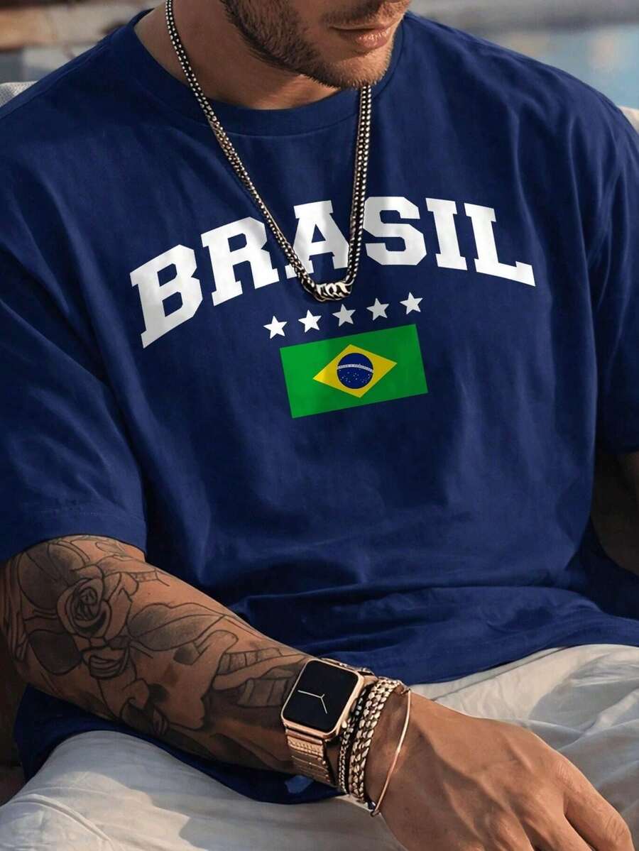 Men's Printed T-Shirt Brazil World Cup 2026 100% Cotton - 藏蓝色 - 查看 1