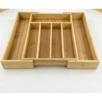 1 stuk bamboe bestekorganizer, verstelbaar ontwerp met vakken, gemaakt van hoogwaardig natuurlijk bamboe, geschikt voor het opbergen van keukenmessen, vorken en lepels, uittrekbare bestekopbergdoos