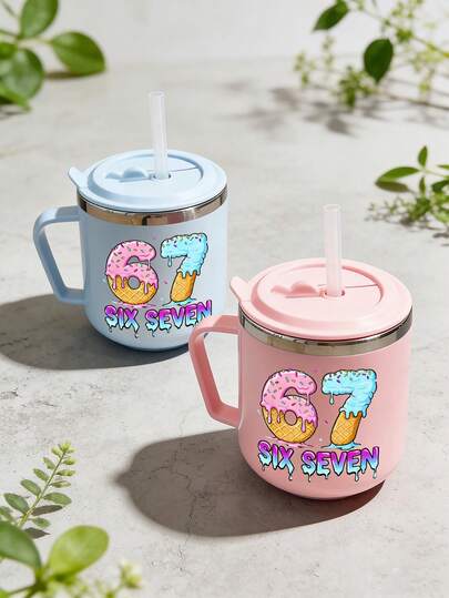 1pc 270ml Stainless Steel Insulated Coffee Cup (With Silicone Straw), With Handle And Lid - Cute Pattern Durable Insulated Water Bottle, Suitable For Office, Outdoor, School, Office Coffee Cup | Funny Design | Durable Water Bottle, Suitable As Gift For Family, Friends, Classmates For Christmas, Halloween, Thanksgiving, Graduation