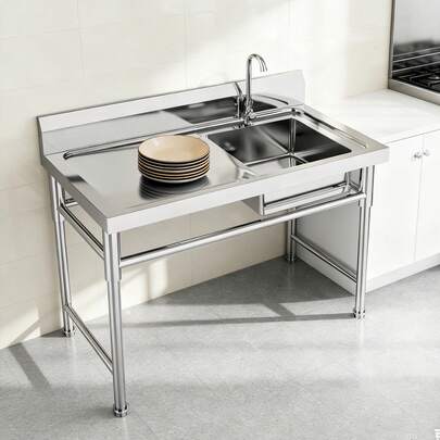 WOBENFOG Stainless Steel Prep & Utility Sink W/Workbench, Sink Filters And A Tap, Free Standing Outdoor Single Bowl Commercial Kitchen Sink For Restaurant, Kitchen, Bar