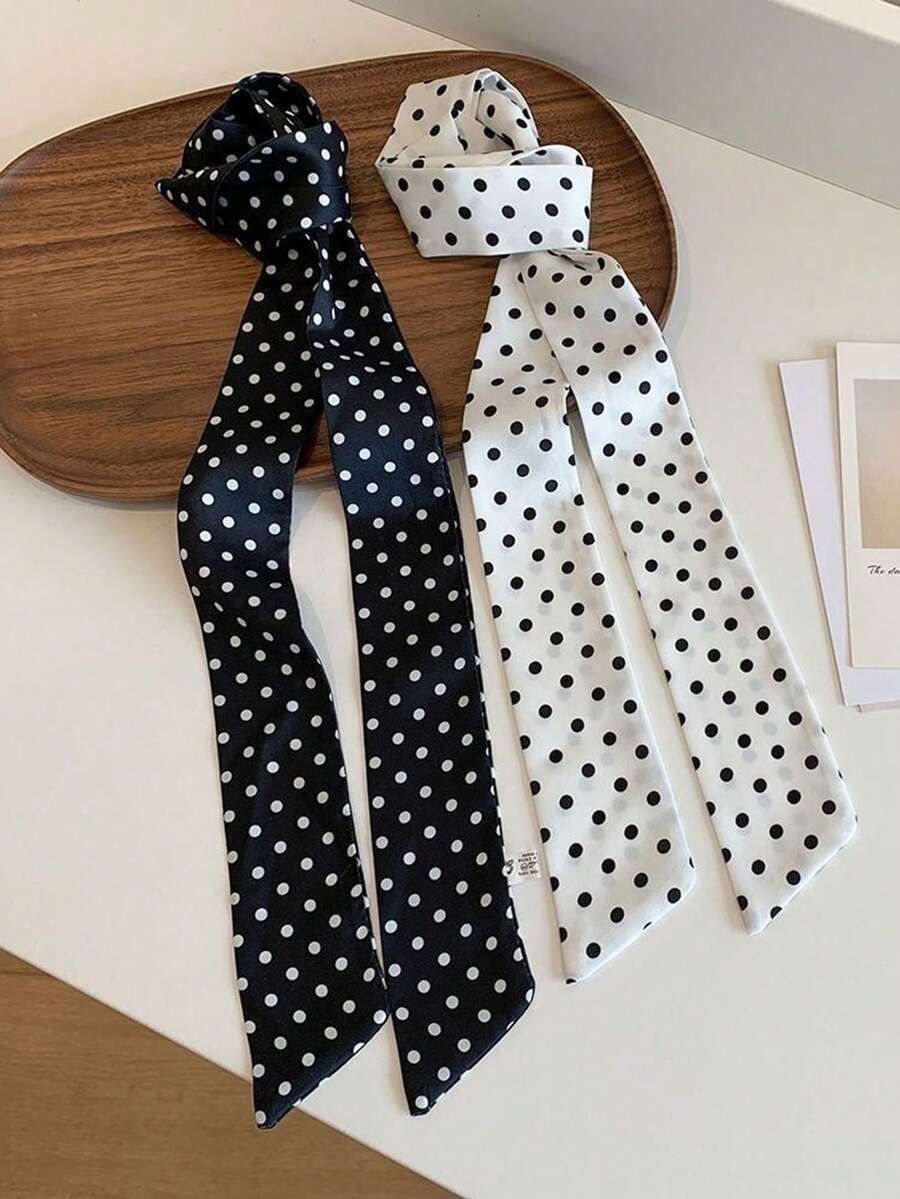 1条复古波点真丝围巾，优雅长款飘带，时尚百搭，可作领巾、头巾、腰带、包包装饰，适合女性夏季发饰、沙滩发夹、度假发夹、假日旅行 - 彩色 - 查看 1