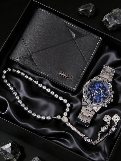 Set de 3 piezas de reloj de cuarzo casual y sencillo para hombres, conjunto de accesorios de estilo fresco y hardcore para hombres (incluye reloj de cuarzo con esfera azul y correa de metal plateado, billetera de cuero texturizado negro, pulsera de cuentas plateada)