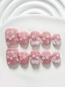 10 pièces Ensemble d'art des ongles acrylique élégant et mignon, ongles acryliques pressés, ongles à fleurs roses délicates à 5 pétales faits à la main, vernis à ongles blanc, kit d'ongles d'été idéal, comprend des outils à ongles (1 autocollant en gelée + 1 lime à ongles), 3 tailles disponibles : carré, carré court, amande, convient pour le quotidien, les fêtes, les séances photo, les déplacements au printemps et en été - Multicolore - Voir 18