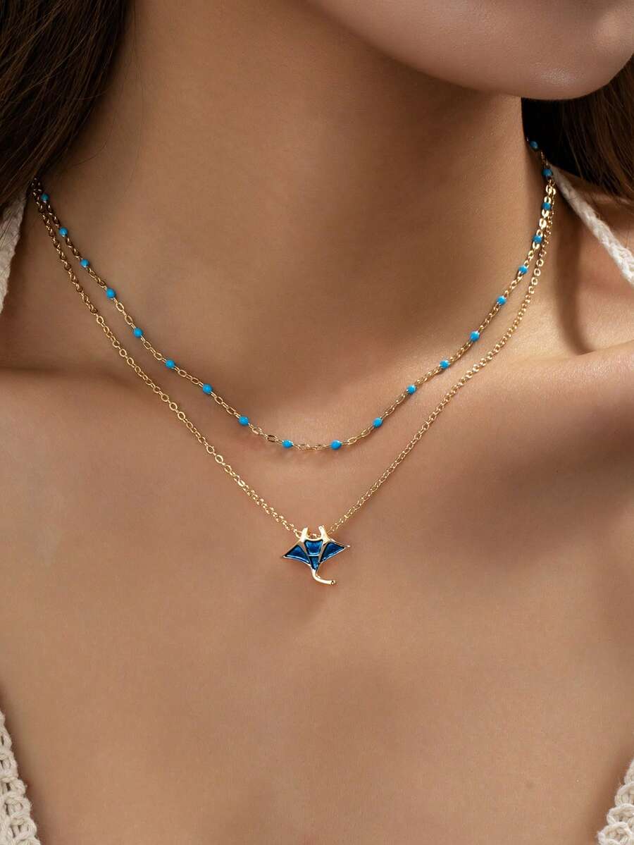 2件套波西米亚风沙滩叠戴项链套装，金色蝠鲼吊坠，绿松石串珠颈链，海洋主题波西米亚风首饰，适合度假和日常佩戴 - 彩色 - 查看 1