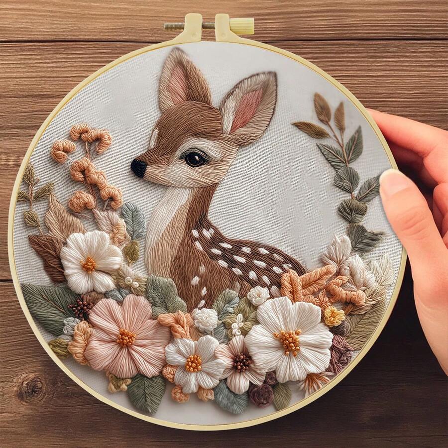 1件 15*15cm/5.9*5.9in-20*20cm/7.9*7.9in 花中鹿刺繡套件，DIY手工刺繡組，適合成人初學者，居家禮物，女性縫紉禮物，包含使用說明書、印花布料、刺繡框、針與線
