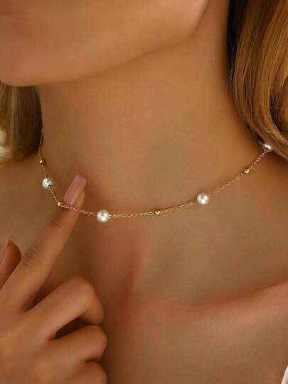 1件优雅珍珠设计颈链，时尚简约金色珍珠装饰项链，女士珠宝礼物，适合日常佩戴和派对，长度可调节，手工制作
