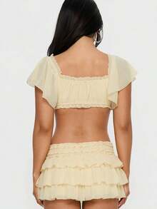 Women's Waist Ruffle Tiered Layered Skirts Low Rise Ruched Y2K A Line Mini Skirt - 黃色 - 查看 5