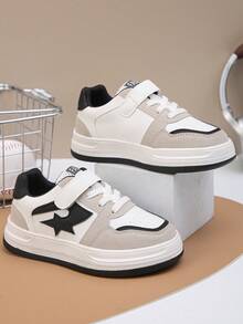 1 Pair Unisex Kids' Fashionable Minimalist Skate Shoes, Spring/Autumn New PU Hook And Loop Casual Sneakers, School/Outdoor Anti-Slip Durable Shoes - Black and White - View 4