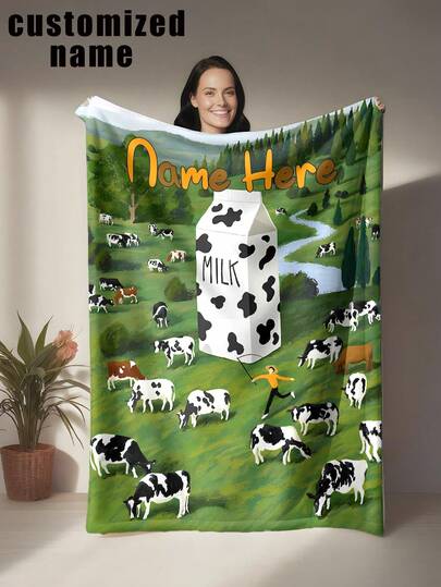 Customized Cow Farm Themed Blanket, Can Customize Personal Name Or Nickname, Designed With Childlike Charm - Machine Washable, Polyester Fabric, Suitable For All Seasons, All-Weather, Modern Style Multipurpose Digital Printed Blanket, Can Be Used For Sofa, Bed, Car, Tea Room, Bedroom, Bathroom, Living Room, Dining Room, Office, Etc., Also A Unique Gift For Birthdays, Holidays And Other Occasions.