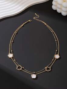 1件装时尚商务奢华水钻镂空四叶草和五叶草双层吊坠项链，男士优雅小众设计锁骨链（由于手工切割，链上的珠子数量可能有所不同，但最终长度保持一致） - 白色 - 查看 3