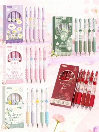 5pcs/Set, Mobile Rose Pattern Gel Pens, Floral Series Soft Grip Black Pens, Black Ink Pressure Sensitive Pens, Smooth 0.5mm Retractable Black Ink Pens, Cute Back To School Gel Pens, Ballpoint Pens, Writing Stationery Gel Pens, Suitable For Teenagers, Adults, Home, Classroom And Office, Chinese Style Floral Series, Quick-Drying Stress-Relief High-Quality Exam Pens Set