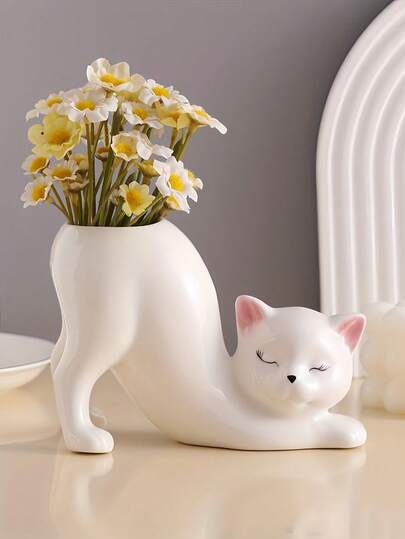 1个独特的无尾猫花盆，可爱猫形多肉植物盆，动物主题家居装饰花架，新颖陶瓷花盆，理想礼物，优雅的办公桌和家居装饰品