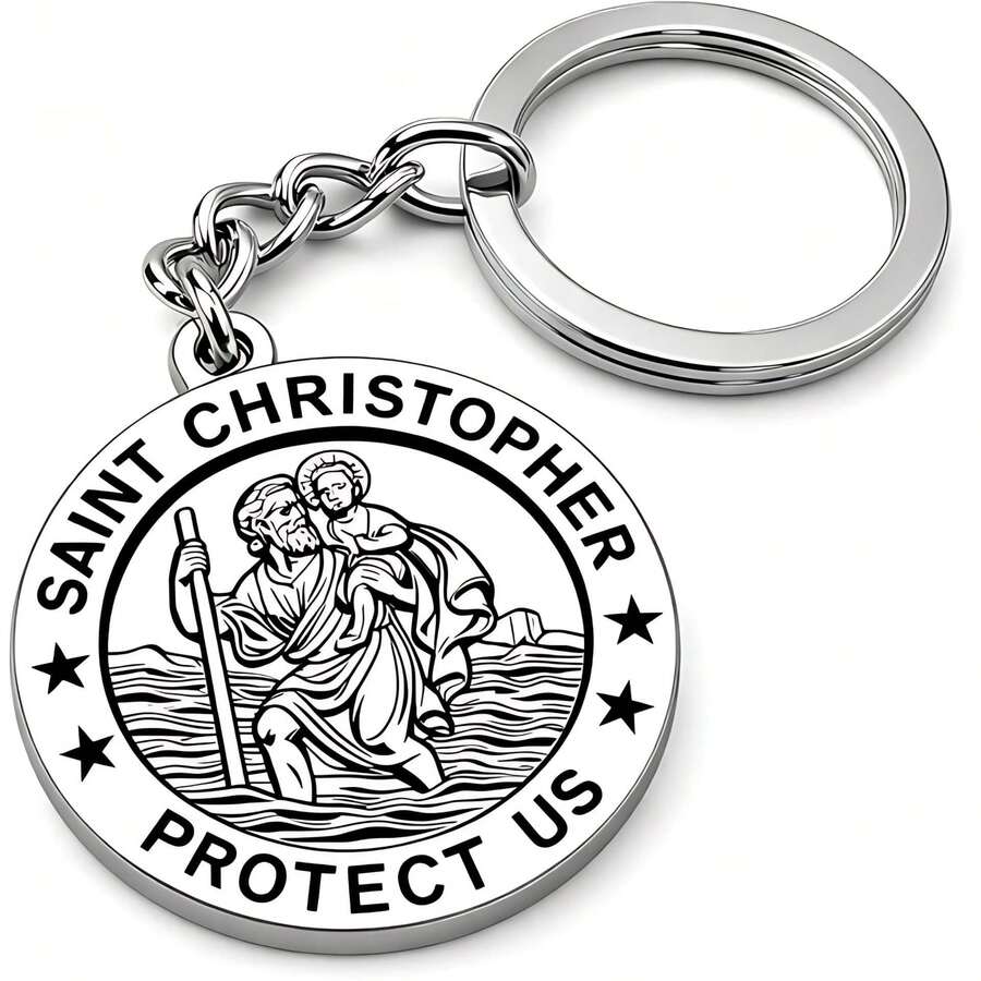 1 pieza Llavero de acero inoxidable de San Cristóbal, Patrón de los Viajeros, regalo de viaje reflexivo y accesorio de moda - color acero - Ver 1