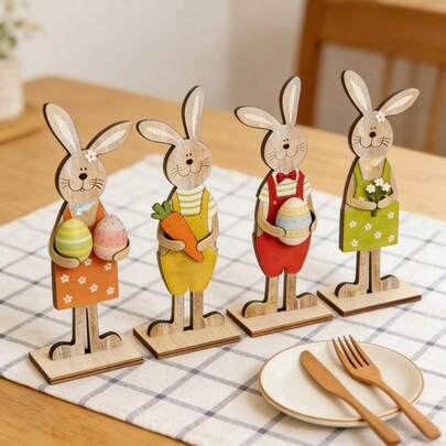 4-Piece Easter Bunny Egg 2D Flat Wooden Decorative Ornaments Easter Nursery Decor Newborn Room Decor Easter Decorations Baby's First Easter Grandmother's Gift For Her Grandson