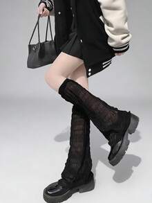 1 Pair Thin Leg Warmers + Chain Buckle, Women's Subculture Black Goth Lolita Flared Leg Leg Warmers, JK Thigh High Leg Warmers, Punk Mischievous Motorcycle Apocalyptic Y2K Subculture Stockings, Spring/Summer - Black - View 6