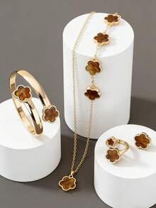 1 Set: 1 Lucky Clover Pendant Necklace, 1 Bracelet, 1 Pair Earrings, 1 Ring, 1 Bangle, Women Jewelry Set - 棕色 - 查看 5