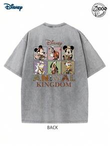 Disney Animal Kingdom Adventure Printed Water Washed Cotton T-Shirt, Mickey Mouse Animal Kingdom Front And Rear Printed Short Sleeves, Disney Heavy Duty T-Shirt, Disney Retro Vintage T-Shirt, Mickey Goofy Printed Loose Short Sleeves, Disney Couple T-Shirt, Men's Short Sleeves, Loose Casual Clothing, Vacation Style, Disney Round Neck T-Shirt, Animal Kingdom Adventure Style Short Sleeves - Grey - View 2
