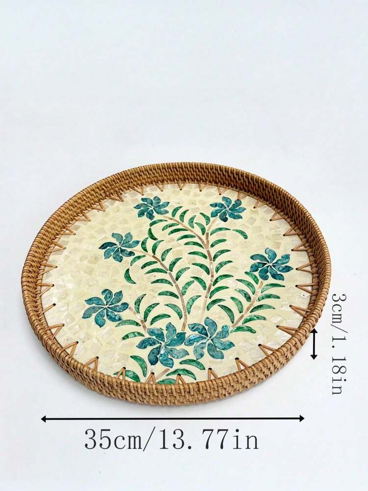 1 Piece Mother-Of-Pearl Inlaid Wooden Base Rattan Tray Tray Living Room Home Storage Basket Decoration Dinner Dinner Tray Non-Food Contact - Yellow - View 12