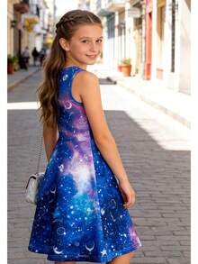 Girl Dresses Sleeveless Cute Pattern Casual Sundress 4-13 Years - Màu xanh lam - Xem 5