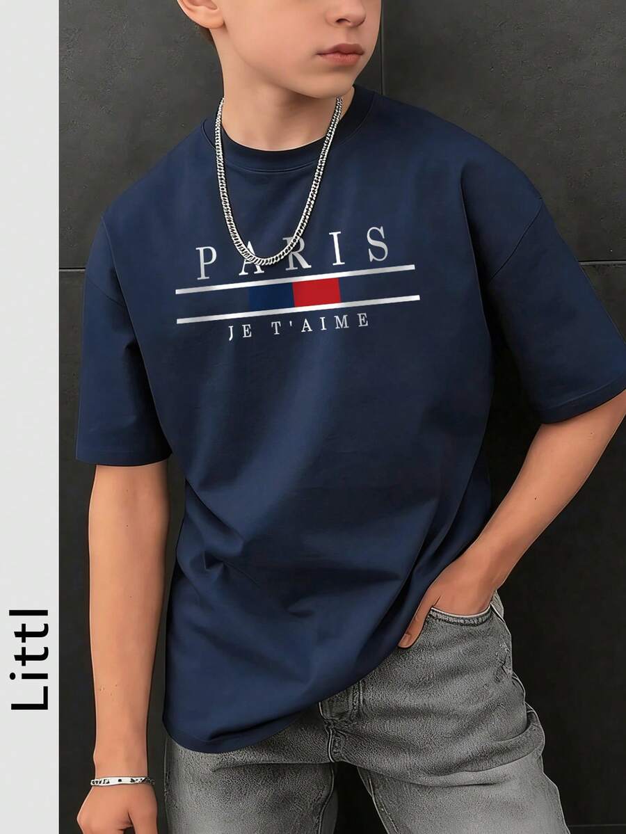 Tween Boy Casual Printed Dark Blue Round Neck Short Sleeve T-Shirt, Summer - Navy Blue - View 1