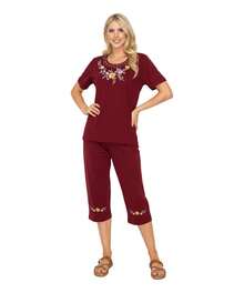 Women Short Sleeves Embroidered Cotton Blend Lounge Wear  Sets - D.Red - View 1