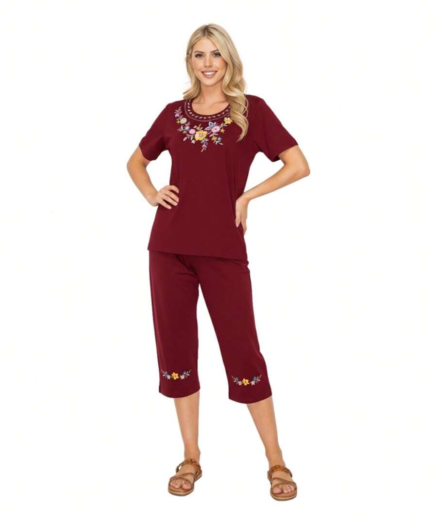 Women Short Sleeves Embroidered Cotton Blend Lounge Wear Sets - D.Red - View 1