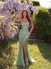 ADYCE 优雅亮片刺绣吊带连衣裙，心形领口，高腰开衩，露背及地长裙，适合舞会、生日派对、正式晚宴、返校节、婚礼宾客、正式场合、家庭聚会等场合（刺绣位置随机） - 綠色 - 查看 3