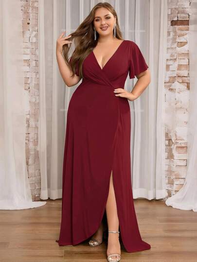 Women Plus Size Simple Elegant Split Ruffle Sleeve Solid Color Elegant Mature Minimalist Elegant Elegant Chiffon Crossover Zipper Formal Bridesmaid Dress For Wedding Guest Evening Party Graduation Prom Homecoming, Spring Summer Autumn
