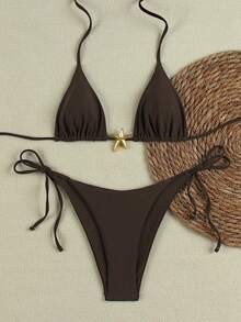 Bộ bikini dây cổ màu nâu mùa hè trang trí hình sao, hoàn hảo cho tiệc bãi biển, giải trí và du lịch - màu nâu - Xem 2