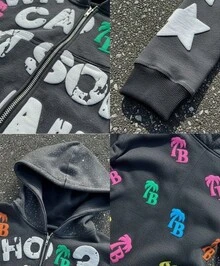 American Letter Foam Print Zipper Hoodie Men's Loose Sweatshirt Retro Street Hip-Hop With Colorful TB Logos For Unique Style - Grey - View 4