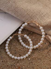 1 Pair Minimalist Fashion Pearl Hoop Earrings, Gift For Her, Everyday Wear For Women - Gold - View 6