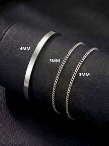 3件套男士不锈钢手链套装，简约精致可调节腕带，适合日常佩戴 - 銀色 - 查看 4