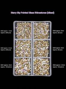 混合格子钻石美甲饰品套装 - 各种形状的扁平水晶，超闪亮雪花和星星锆石美甲工具套装 - 無色 - 查看 6