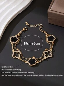 1 chiếc vòng tay hai lớp hình cỏ bốn lá rỗng, sang trọng, đính đá lấp lánh, thiết kế độc đáo (Do cắt thủ công, số lượng hạt trên dây có thể thay đổi, nhưng chiều dài cuối cùng vẫn giữ nguyên). - màu đen - Xem 6