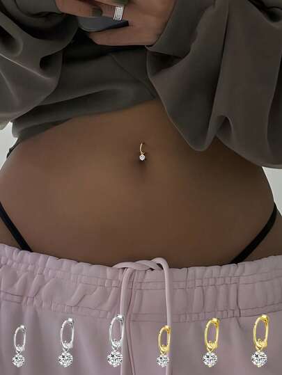 1pc S925 Sterling Silver Minimalist Single Zirconia Navel Ring, Size 6/8/10mm, Women's Body Piercing Jewelry