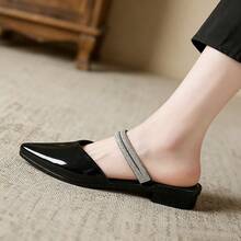 Zapatos individuales de mujer con suela plana Sandalias sin cordones de punta afilada inspiradas en las hadas Novedades de verano Tacones gruesos versátiles Ropa de moda para el día a día Correa de strass en el tobillo Zapatos sin cordones con punta semiabierta - Negro - Ver 7