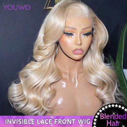 13x4 Body Wave Lace Front Hair Wigs Pre Plucked Hairline 13*4 Transparent Lace Front Blended Human Hair Wigs 200% Density Lace Front Brazilian Human Blended Hair Wigs With Baby Hair Bleached Knots For Women Blonde Color