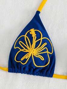 性感复古棕黄刺绣比基尼套装 - 三角上衣 + 侧系带泳裤 | 欧洲博主风格海滩度假泳装 - 寶藍色 - 查看 5