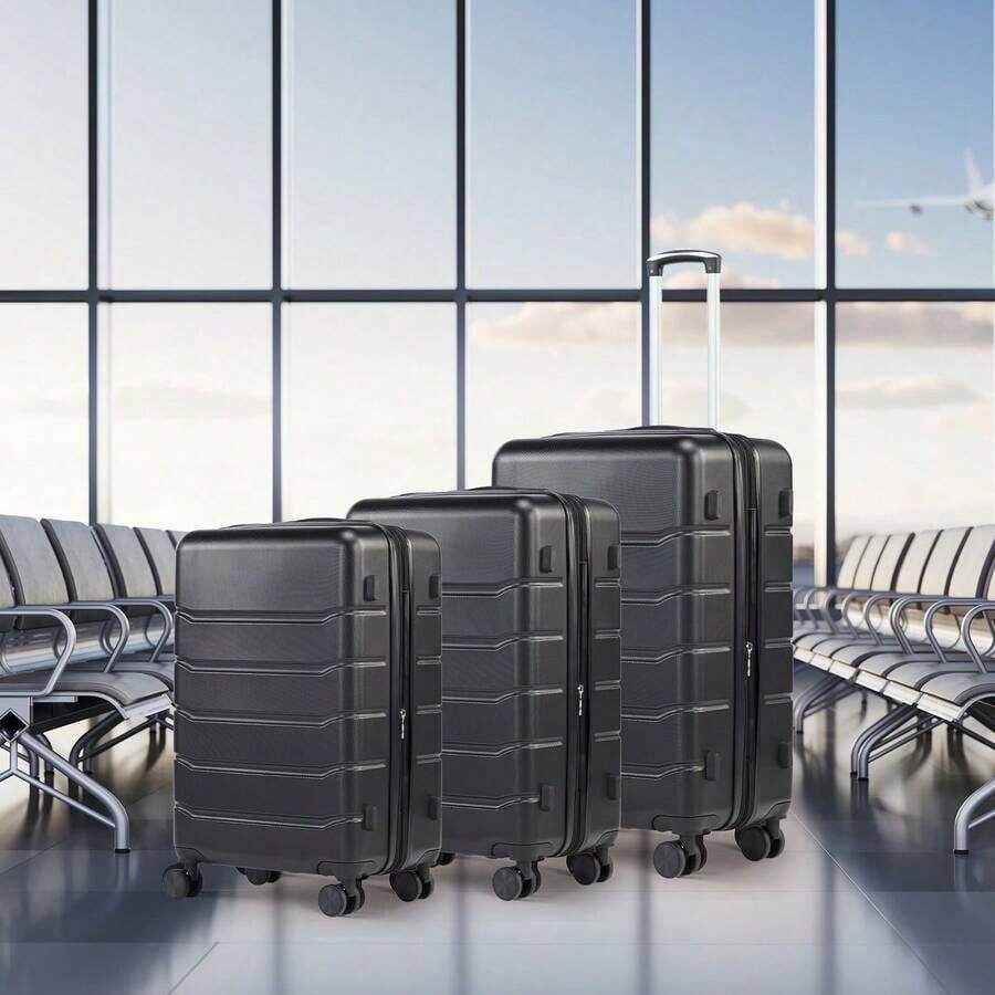 Carry On Luggage, Hard Shell, Double Spinner Wheels Lightweight Suitcase  Lock, Luggage Set - Black - View 1